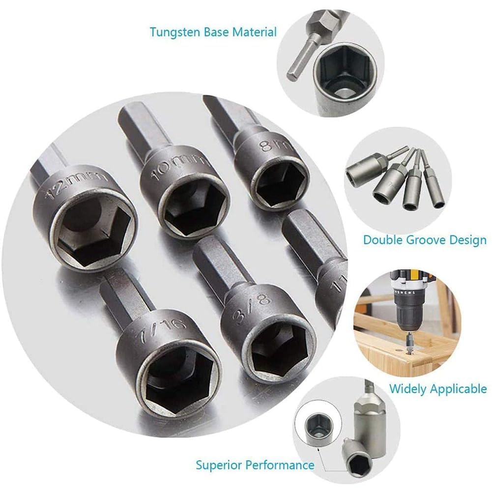 Wickston 14 Piece Power Nut Driver Drill Bit Socket Wrench Tool Set | 35K Carbon Steel 1/4 Inch Hex Shank Nut Driver Bits | Rustproof Wrench Adapter Kit for Drill Machine 4