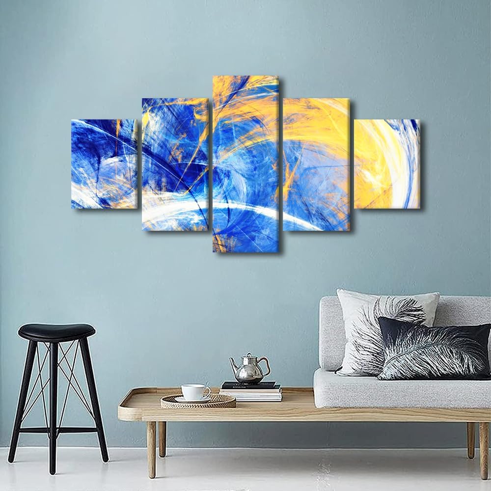 Wall Art Blue and Yellow Texture Pictures Canvas Painting Wood Wall Art Canvas Frame Wall Decor for Bedroom Aesthetic Modern Home Decoration Gift Living Room Above Bed Ready to Hang(60"Wx32"H)