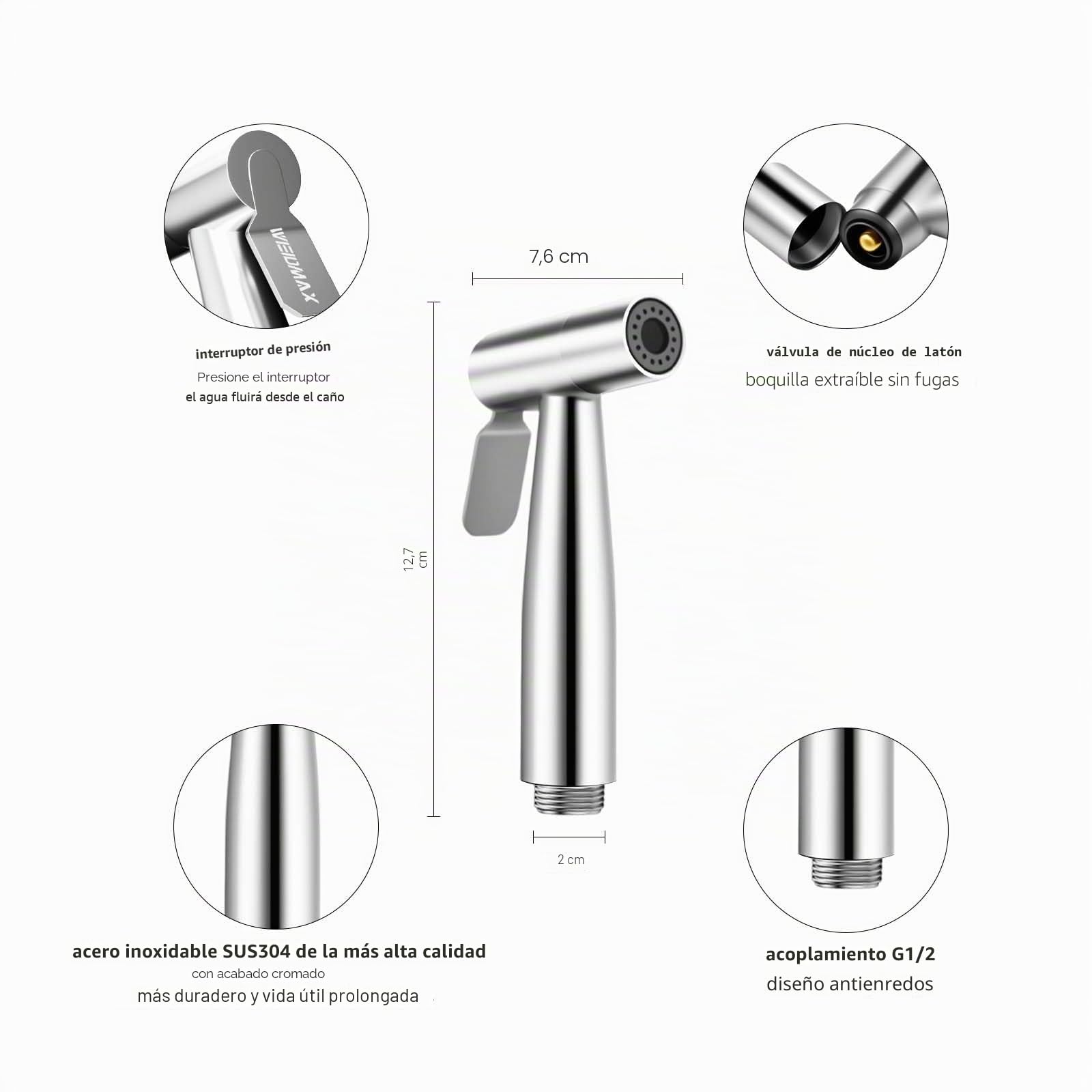 WEIDMAX Bidet de mano pulverizador kit acero inoxidable níquel cepillado baño ducha pulverización cabezal higiene personal