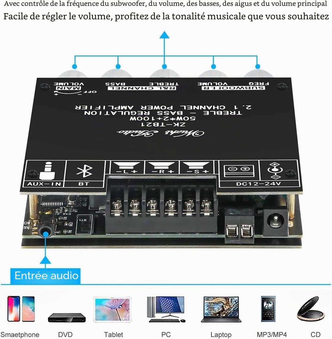 Carte d'amplificateur de Caisson de Basses Bluetooth HiFi Stéréo 2.1 avec régulation de contr?Le des aigus et des Basses 220W * 2 + 350W 18V-38V Module d'amplificateur de Entrée AUX