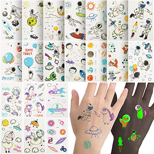 20 Sheets Temporary Tattoos Space Planets Luminous Tattoo Sticker Glow in the Dark Fake Waterproof Tattoos for Kids Boys Girls Birthday Party Decoration