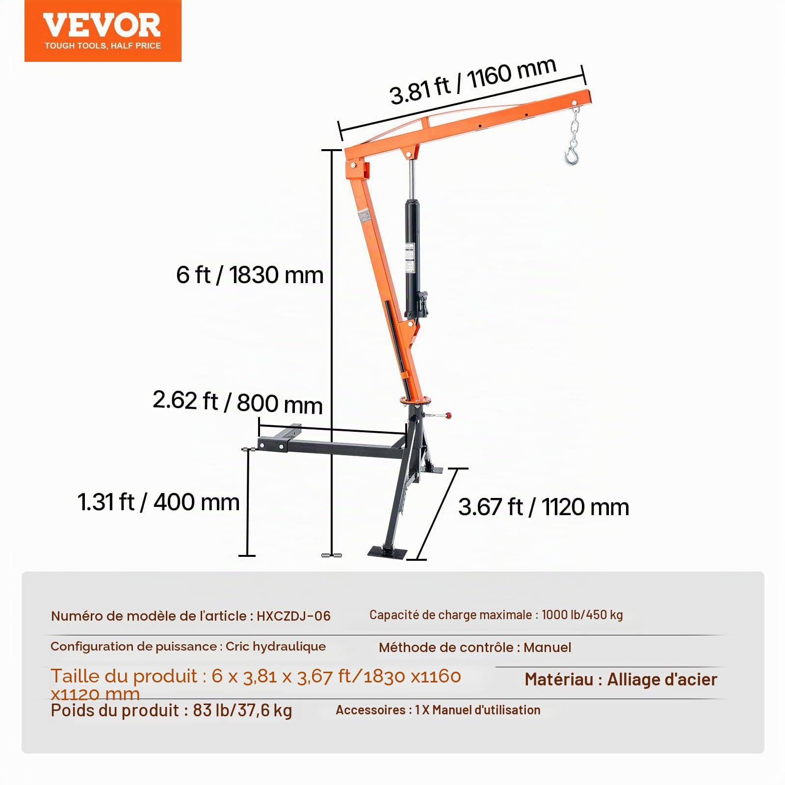VEVOR Grue hydraulique pour camionnette, capacité de 450 kg, grue montée sur attelage avec 3 capacités de flèche de 227 kg, 340 kg, 450 kg, pour le levage de marchandises dans la construction, l'usine