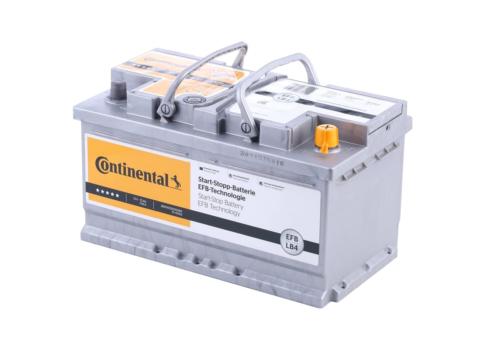 Continental 2800012005280 Start-Stop Starterbatterie 75Ah 12V 730A EFB DIN/ISO LB4 Kompatibel mit AUDI A4 Avant 8K5, B8 A6 Avant 4G5, 4GD, C7, BMW 3 Touring E91 3 Limousine E90 5 Touring F11