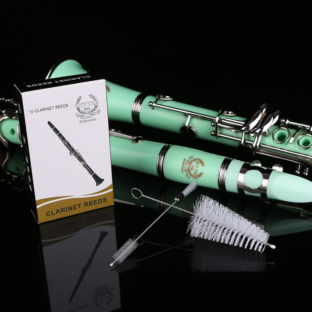Rhythm Clarinete Bb con 17 teclas de níquel, banda de viento de madera e instrumentos musicales de orquesta para principiantes, incluye funda, soporte, 10 cañas y kit de limpieza, color verde