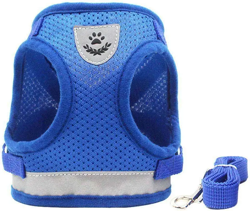 Coleira Peitoral para Cachorros e Gatos com Colete Reflexivo Regulável e Guia de Passeio (Azul, P)