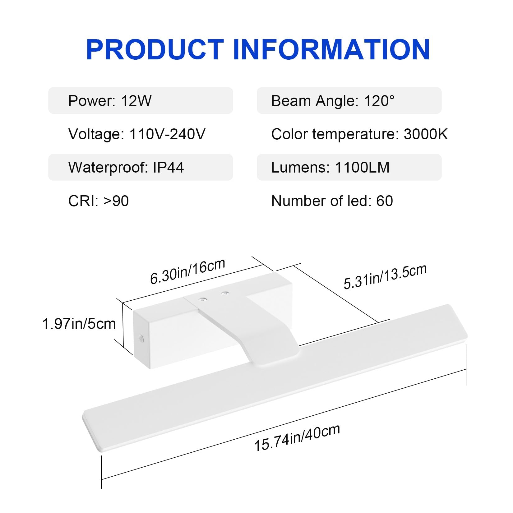 Klighten Lampada da specchio da bagno a LED, 40 cm, 12 W, IP44, da bagno, in alluminio, 60 LED, 1100 lumen, bianco caldo 3000 K, 40 cm