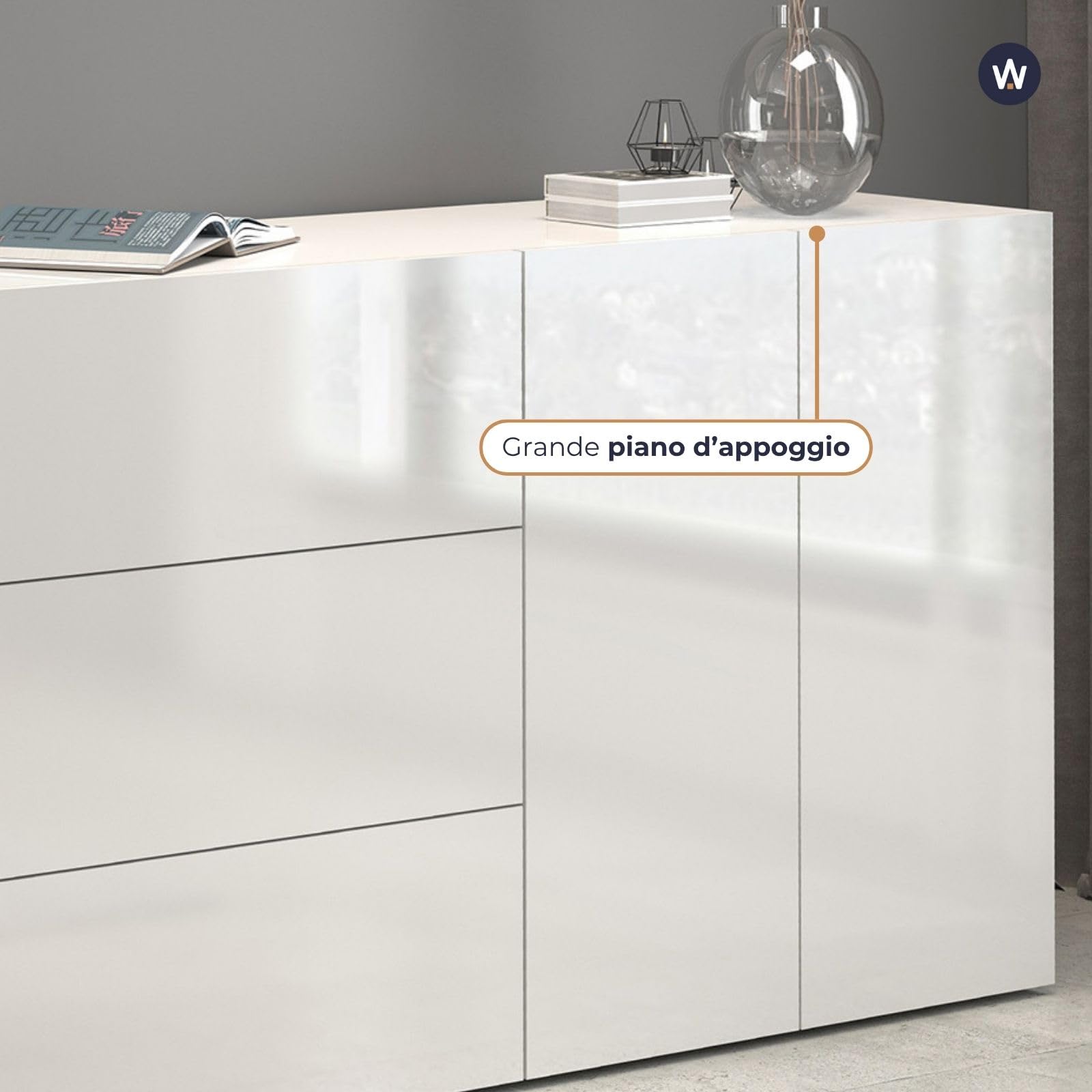 WHOUS Credenza e Buffet EGYPT per Soggiorno con 4 Ante e 3 Cassetti, Madia per Salotto, Cucina e Sala da Pranzo in Legno, 200x40x80 cm, Bianco Laccato Lucido