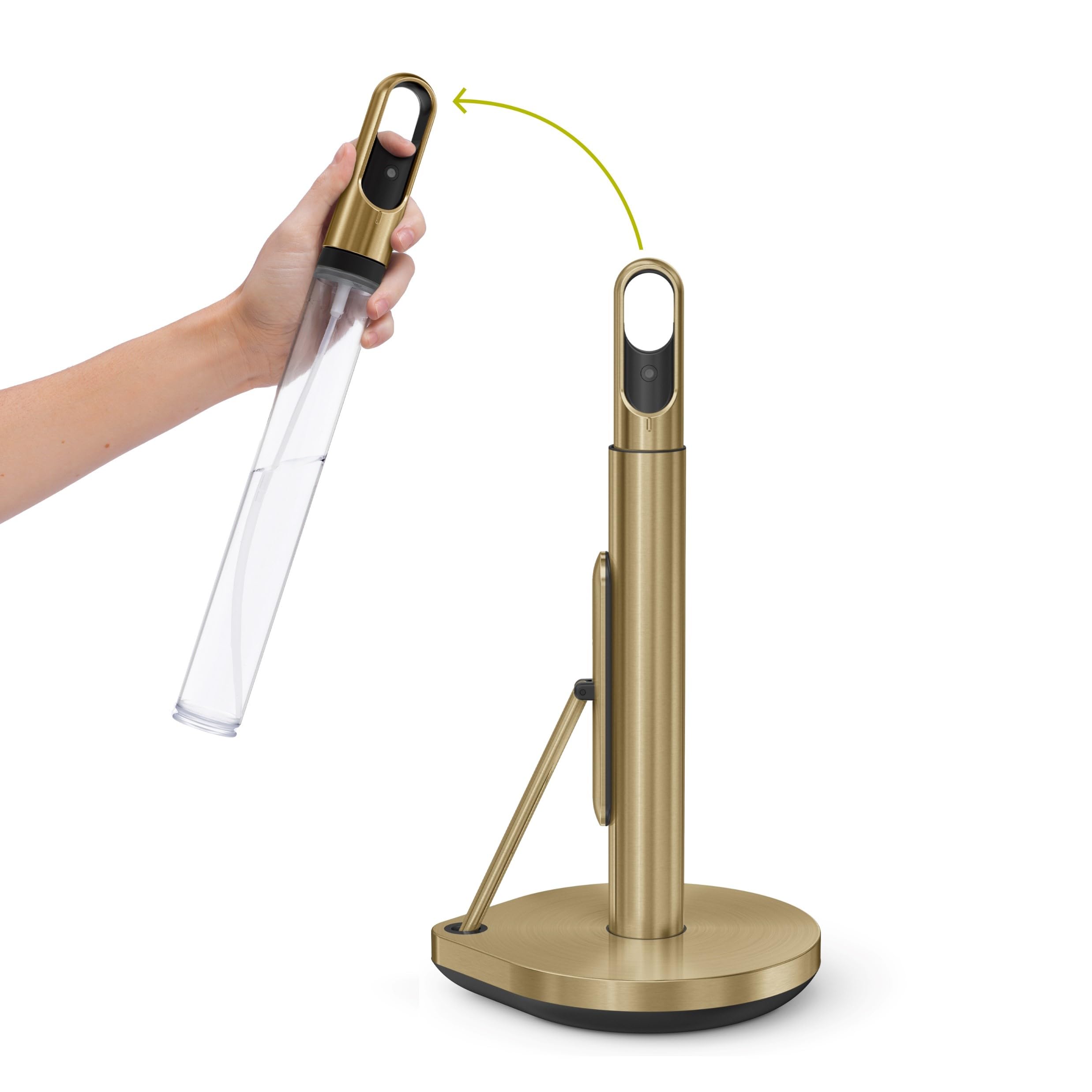 simplehuman Paper Towel Holder with Spray, All-in-One Countertop Paper Towel and Cleaner Dispenser, 6 oz Refillable Pump, One-Handed Tear, Weighted Base, Brass