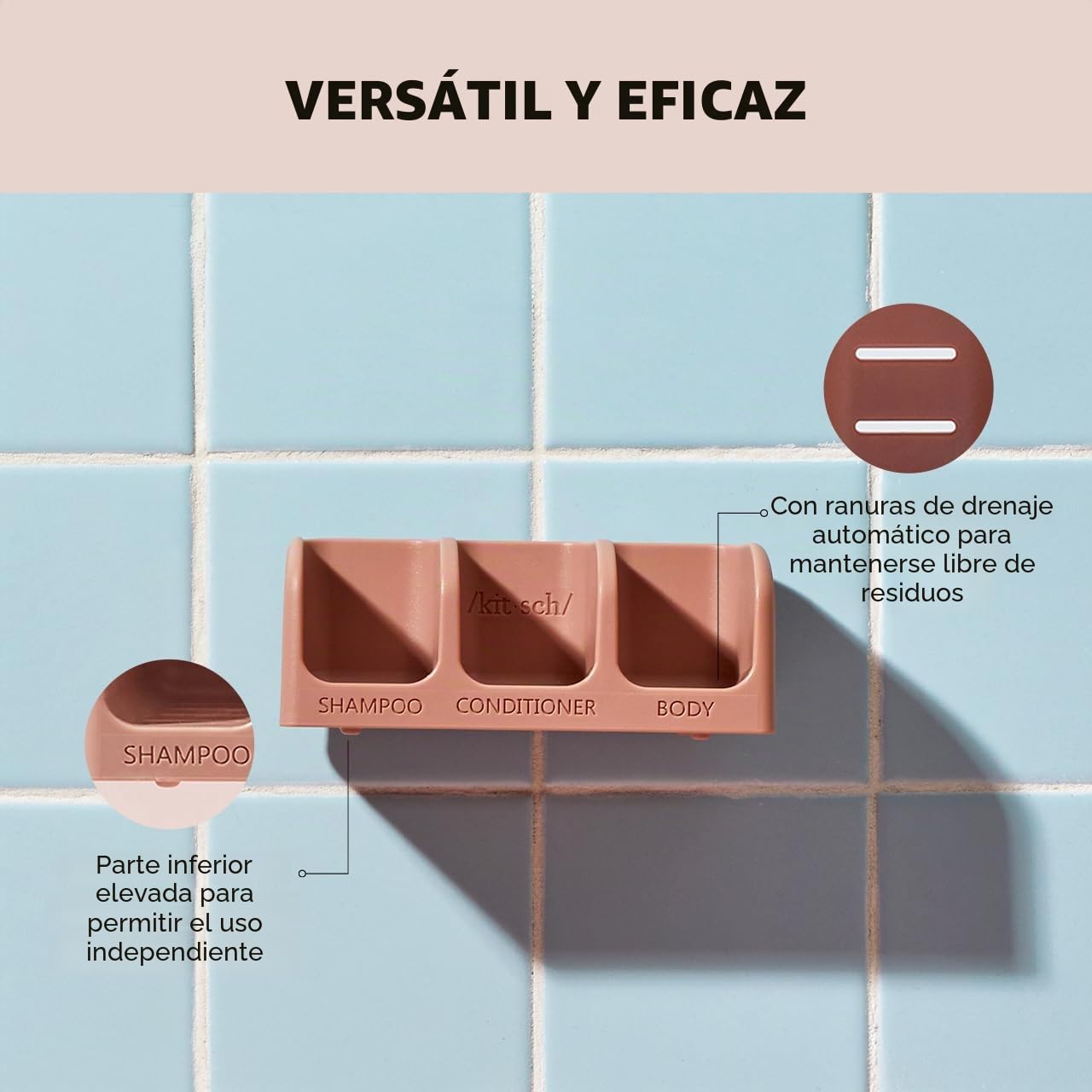 Kitsch Jabonera autodrenante para ducha, soporte de plástico reciclado para champú, acondicionador y barras de lavado corporal, elegante soporte de jabón de ducha para 3 barras con ventosas extraíbles