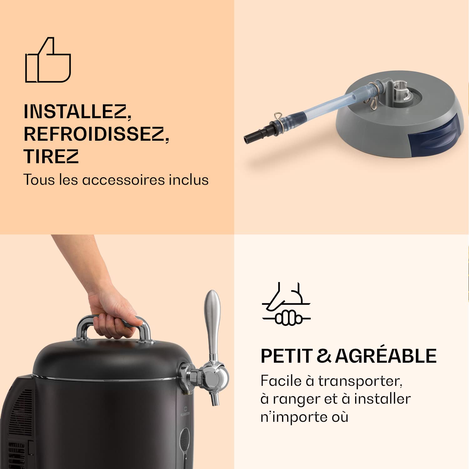 Klarstein Tireuse a Biere Professionnelle avec Pompe Silencieuse, Machine a Biere 65W, Pompe a Biere de 6L avec Température de 3 à 12°C, Tireuse avec Indicateur de Fraîcheur et Niveau de Bière par LED