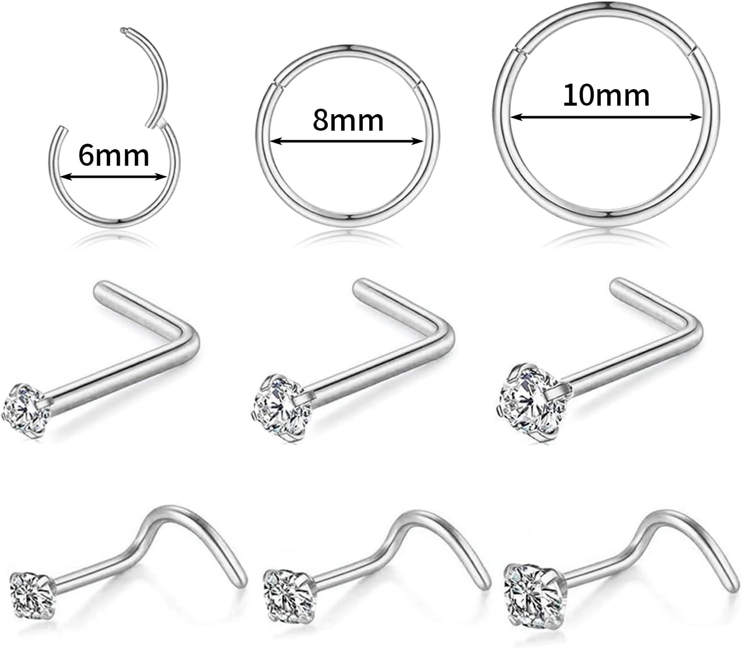 15PCS Nose Rings Studs Set for Sensitive Skin Women Men Teens: 14K Gold Plated 316L Surgical Steel 18G Nose Hoop (6/8/10mm) & CZ 20G L Shaped/Corkscrew/Straight/Clear Nose Studs (1.5-3mm) for Work Daily Sleep