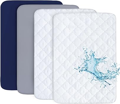 Pack and Play Sheets and Waterproof Pack n Play Mattress Protector Pad Cover 4 Pack Set, Ultra Soft Pack n Play Mattresses Sheets Compatible with Graco Pack n Play, Grey&Navy