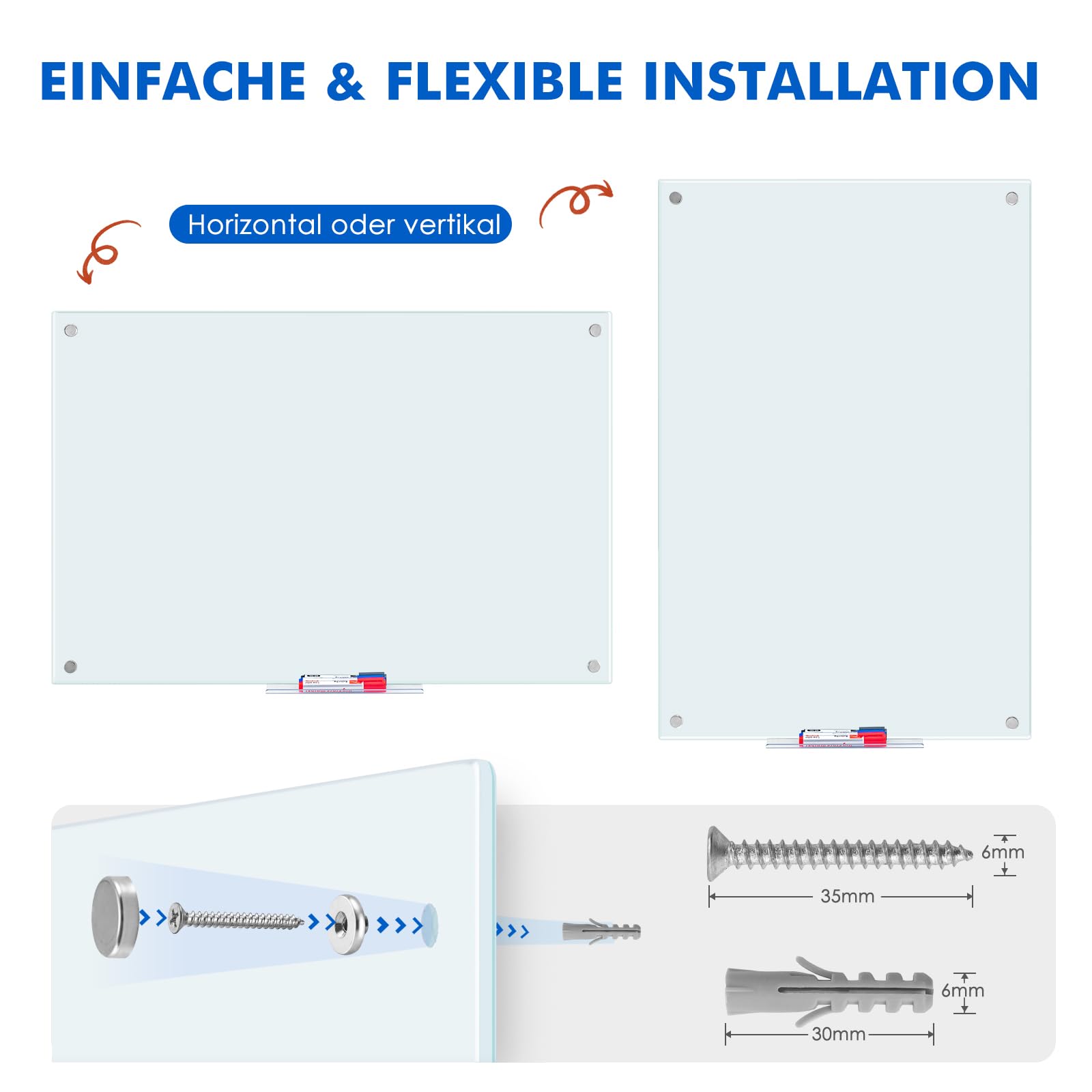 maxtek Magnetisches Glas-Whiteboard, 120 x 90 cm (Groß), Rahmenloses Gehärtetes Glasboard, Trocken Abwischbare Magnettafel, Modernes Memoboard inkl. 5 Neodym-Magneten, 3 Stiften, 1 Radiergummi