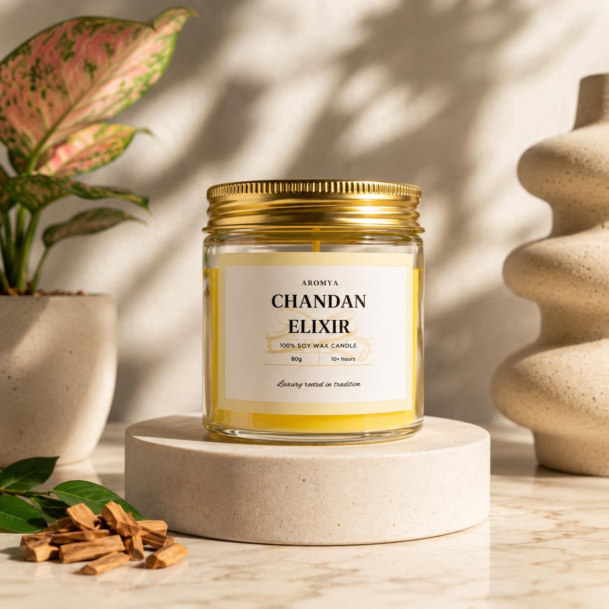 Aromya Chandan Elixir |100% Soy Wax Scented Candle – Long-Lasting, Eco-Friendly, and Fragrant – Perfect for Relaxation, Aromatherapy, Home Décor | 10+ Hours | 80g (Pack of 1)