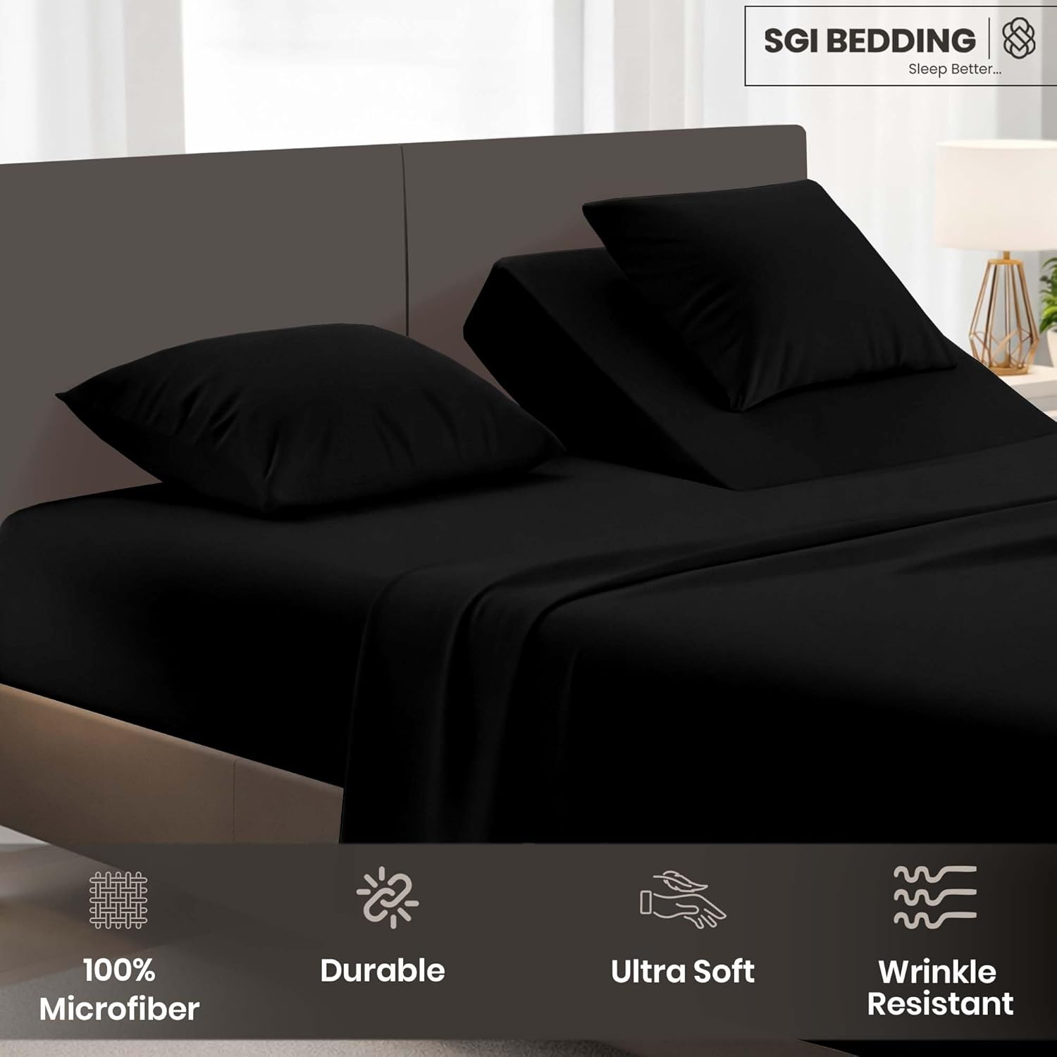 SGI bedding Adjustable Split Head Flex Top King 34" Microfiber Sheet Set – Ultra Soft, Cooling & Deep Pocket 15” Fitted, 4-Piece Breathable & Durable Bedding Set for Split King Beds -Black