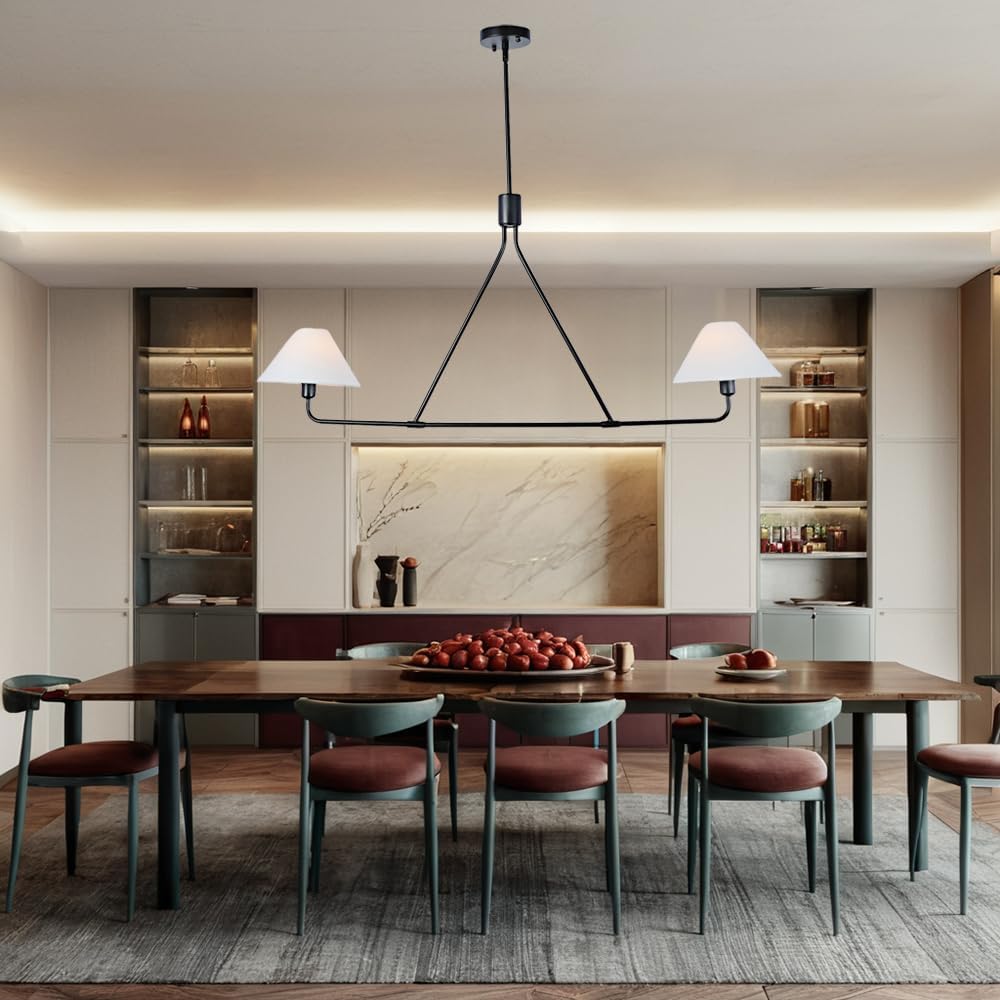 46-Inch Black Modern Linear Chandelier, 2-Light Farmhouse-Style Kitchen Island Light with White Linen Shade; Suitable for Bedrooms, Living Rooms, and Dining Rooms (Bulbs Not Included)
