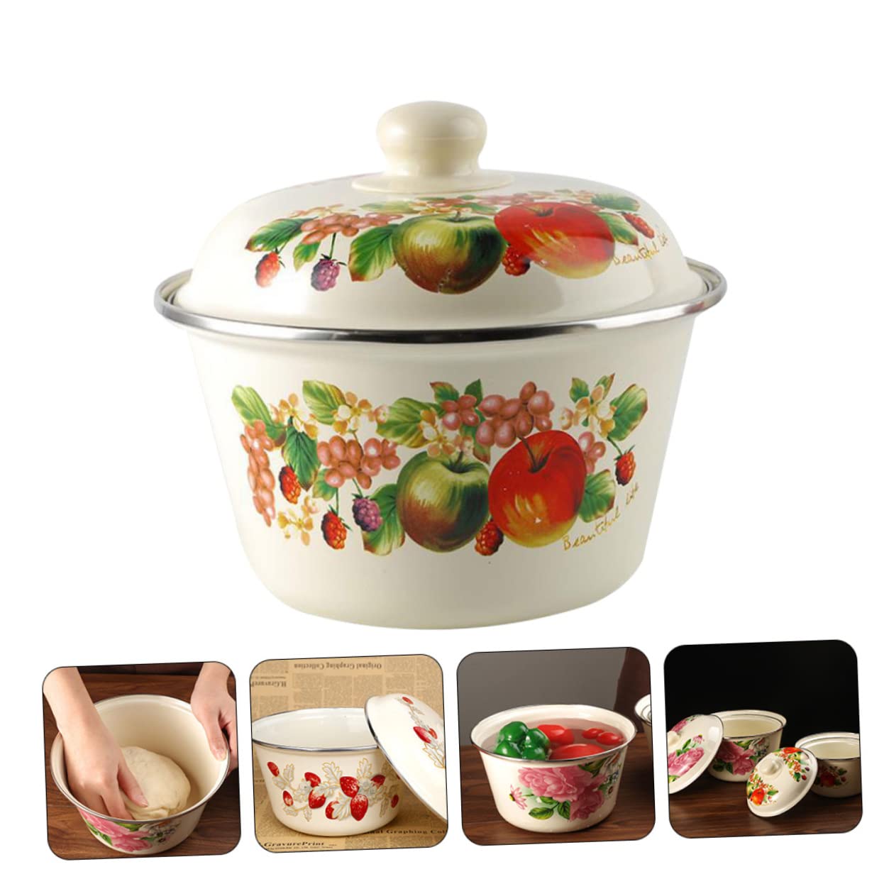 Beatifufu 1pc Enamel Basin Enamelware Bowl Salad Bowl Vegetable Wash Bowl Enamel Bowls with Lids Camping Dishes Utensils Soup Bowl with Lid Retro Pot Thick Basin Kitchen Utensils