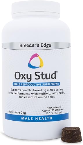 Breeder's Edge Oxy Stud- Suplemento de rendimiento masculino para perros medianos y grandes, 60 unidades masticables suaves