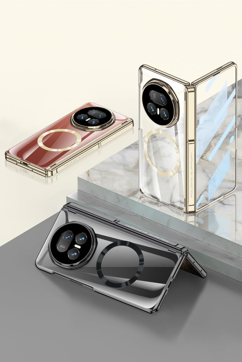 ZORSOME Compatible with Honor Magic V5 Clear Magnetic Hinge Case,Luxury Plating All-Inclusive Shockproof Full-Body Protective Hinge Stand Case Kickstand Cover (Black, HD Screen Protector)