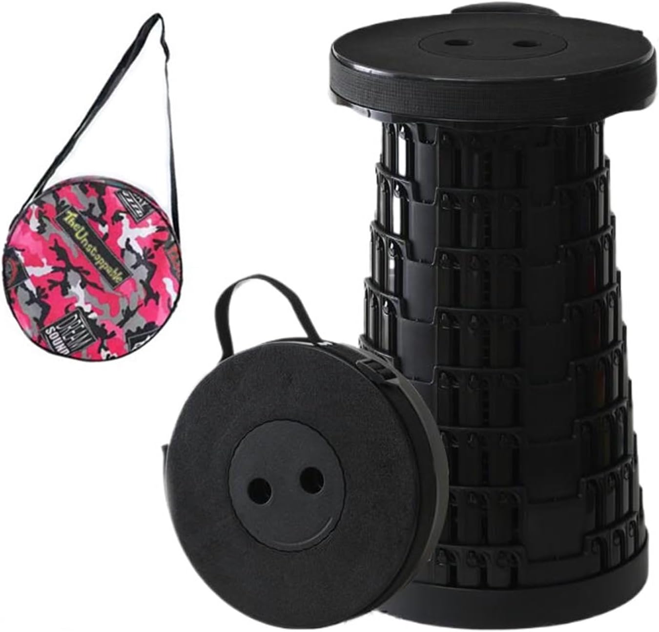 Newly Upgraded Portable Collapsible Telescopic Stool, Sturdy Foldable Stool with Load Capacity of 660lbs, Retractable Camping Stool for Hiking, Fishing Tours Indoor & Outdoor(Black)