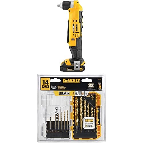 DEWALT 20V MAX Right Angle Cordless Drill/Driver Kit (DCD740C1) with DEWALT DW1354 14-Piece Titanium Drill Bit Set