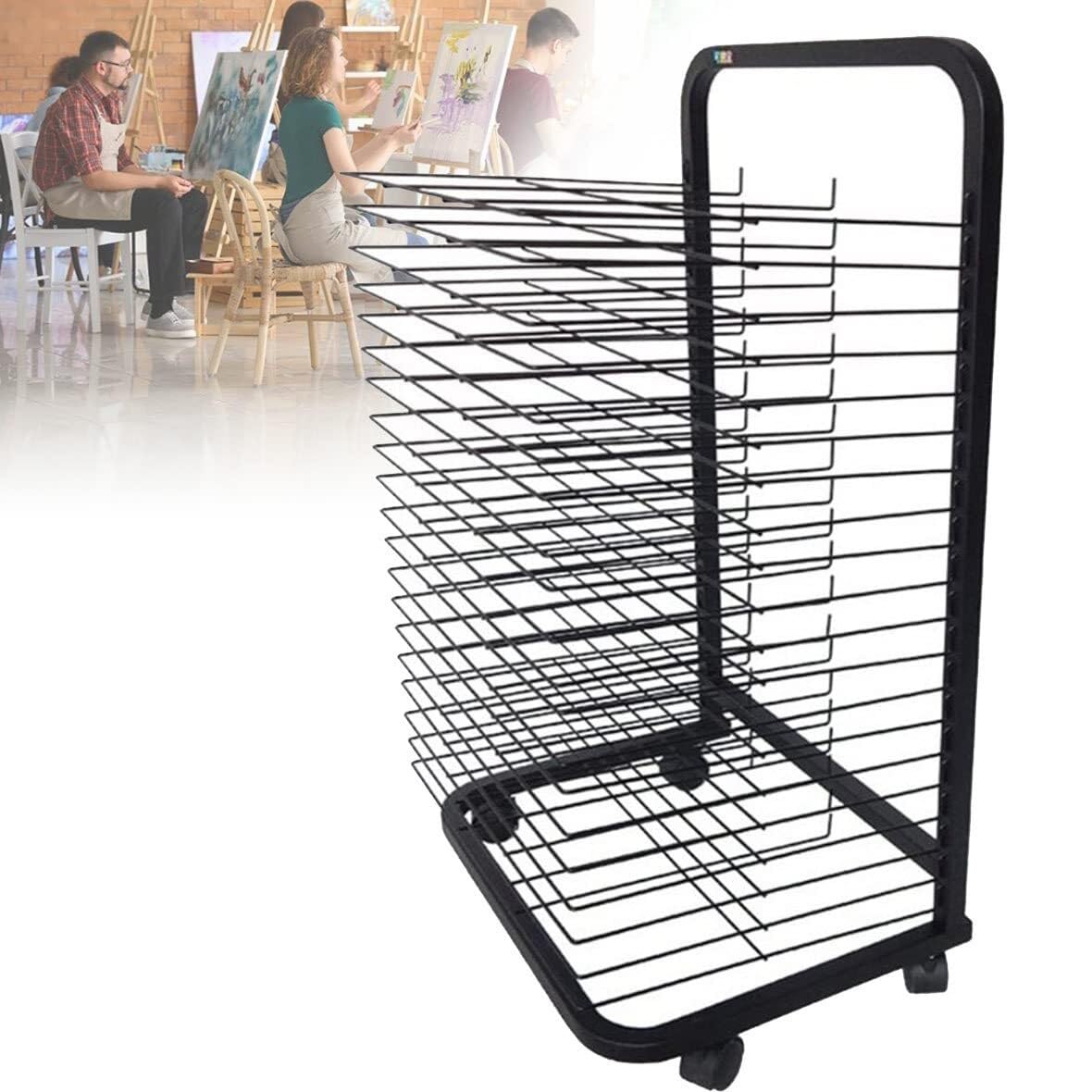 PPXCZZ Mobile Art Drying Rack with 20, 25, 30, or 35 Shelves, Durable Metal Frame, Lockable 360° Wheels for Studios & Classrooms(20floors)