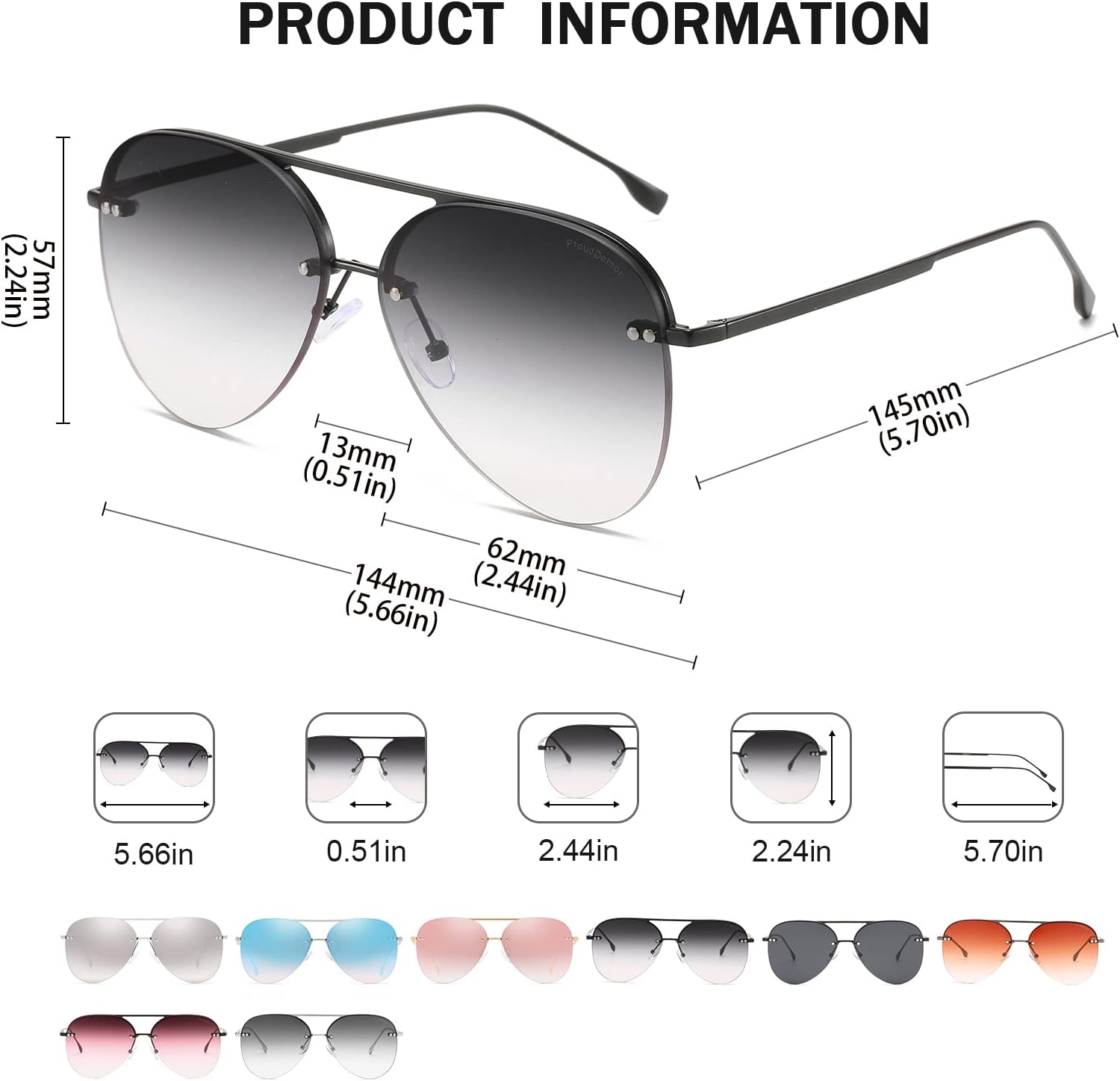 Retro Rimless Women Aviator Sunglasses Classic Lady Oversized Sun Glasses black Gradient Mirrored Lens Bold Shades - Image 4