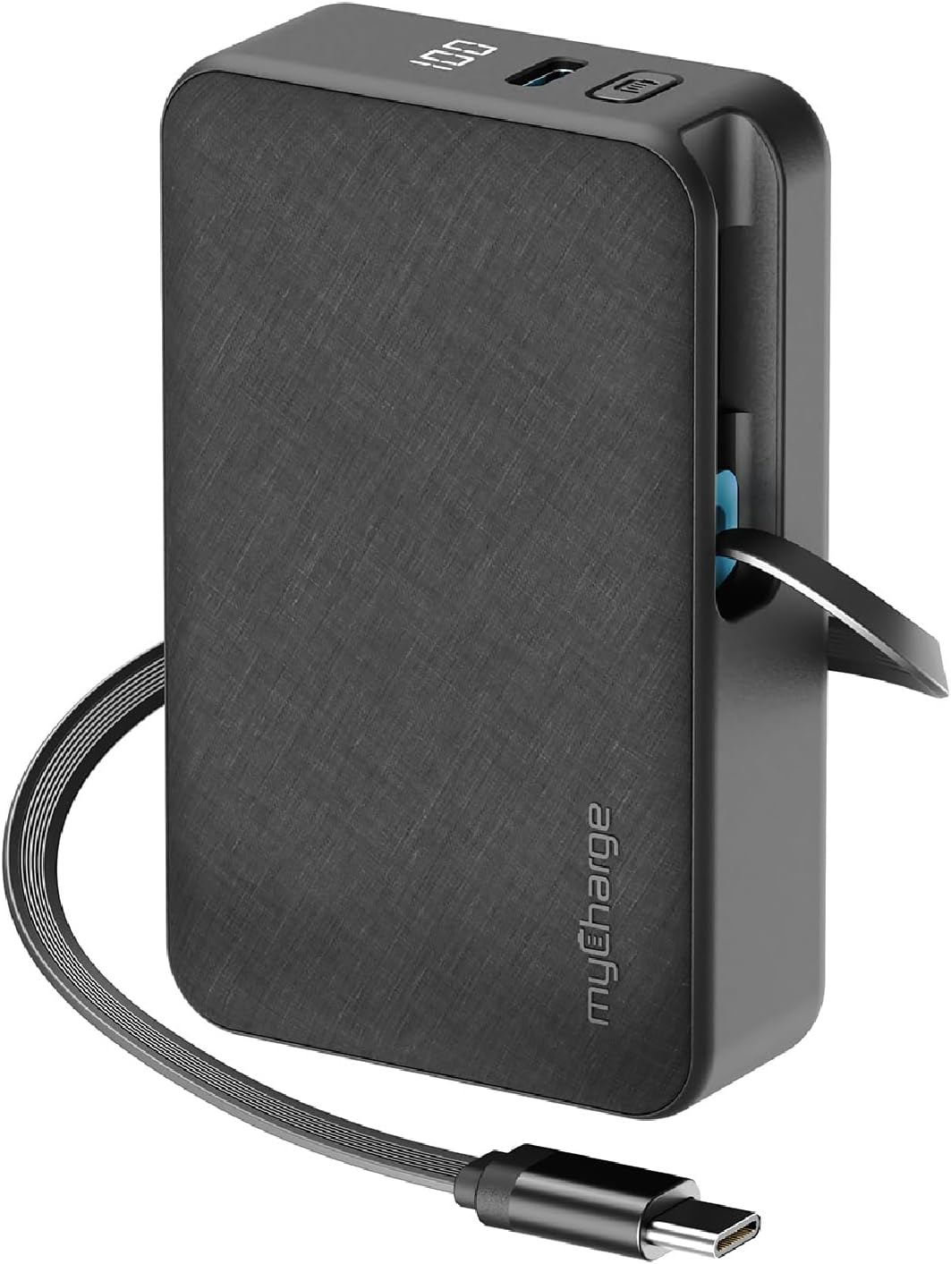 myCharge RetractaCharger 5000mAh Portable Charger Power Bank with 28-Inch Retractable USB-C Cable | Premium Fabric | Built-in USB-C Port | Digital Display