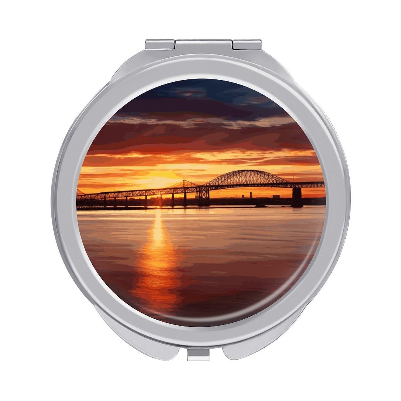 Fekiloot Style Newark Bay Bridge And Sunset Travel Makeup Mirror Handheld Compact Mirror Portable Pocket Mirror Double-Sided 1X/2X Magnifying For Handbag And Purses