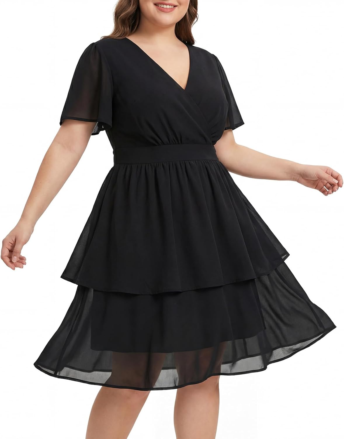 Plus Size Women Wedding Guest Dresses V Neck Tiered Chiffon Short Sleeves Empire Waist Semi Formal Cocktail Dress