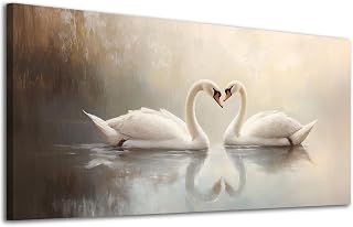 ADJUVANT Romantic Swan Wall Art 40"L x 20"W, Graceful Swan Pair with Heart Shaped Necks Canvas Artwork Prints Painting Pictures Wall Decor for Livingroom Bedroom Bathroom Anniversary Decor Cottage Home