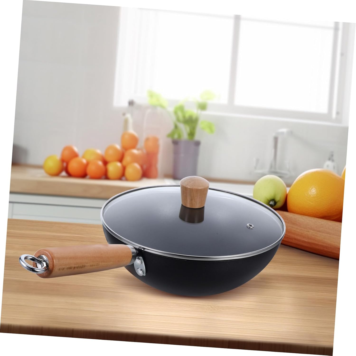 Zerodeko Small Uncoated Iron Frying Pan Lid Deep Wok for Gas Stoves Wooden Handle Effortless Nonstick Cooking for Stir Frying and Everyday Use