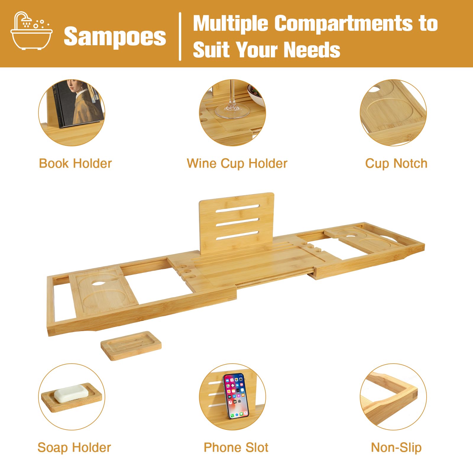 Bandeja extensible de bambú para bañera, ajustable, 70-91 cm de ancho, con soporte para bebidas, color madera natural