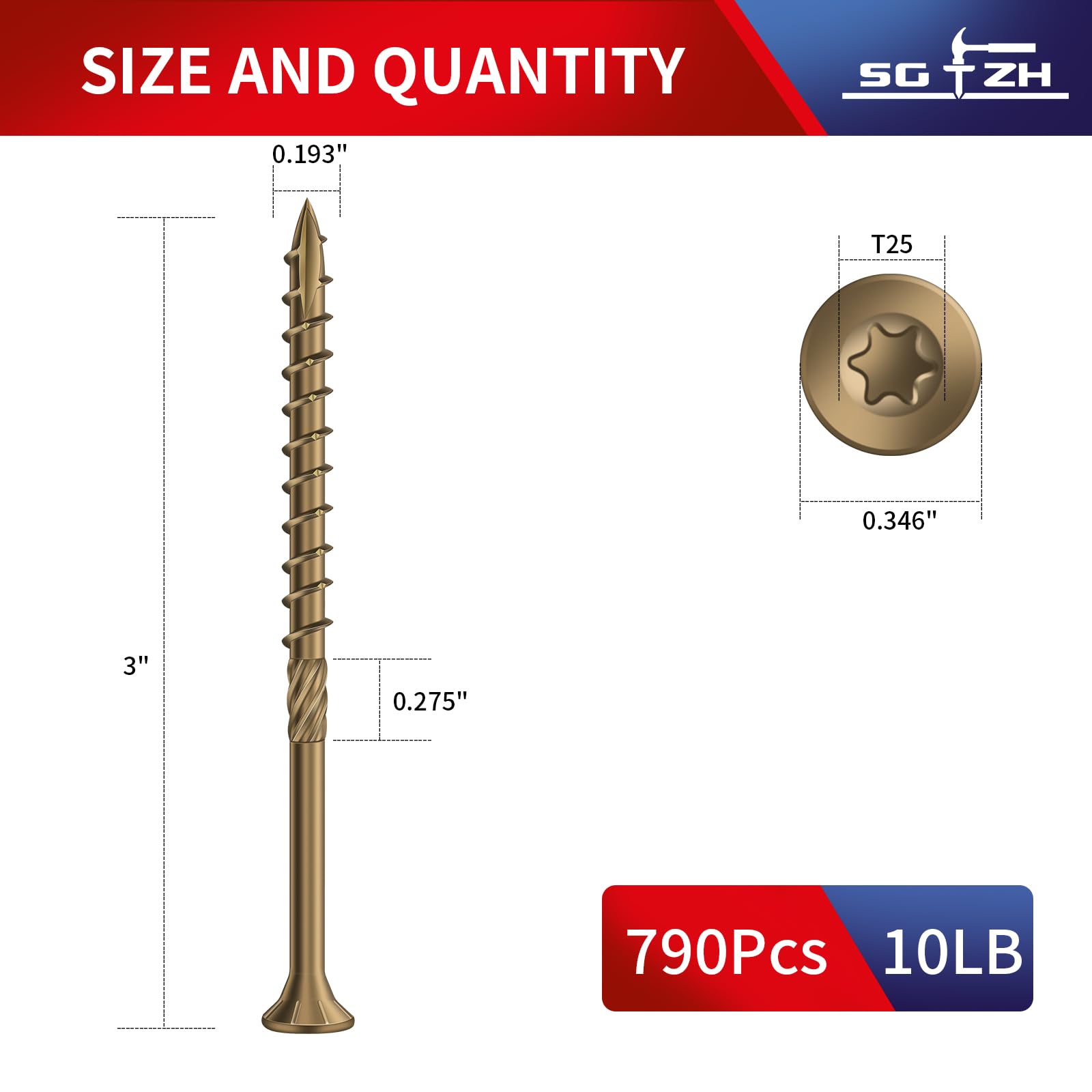 Terrassenschrauben aus Karbonstahl, gelb, flacher Kopf, rostbeständig, Epoxid-Beschichtung, 4,5 kg, Nr. 9 x 7,6 cm, 790 Stück