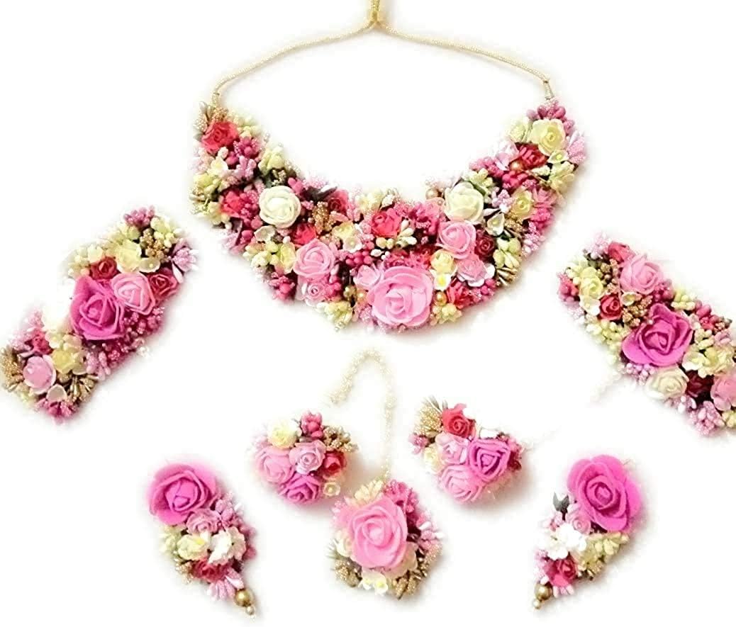 Savya Jewels Pink Gota Patti Flower Jewellery Set for Women Girls (Mehandi/Haldi Bridal)