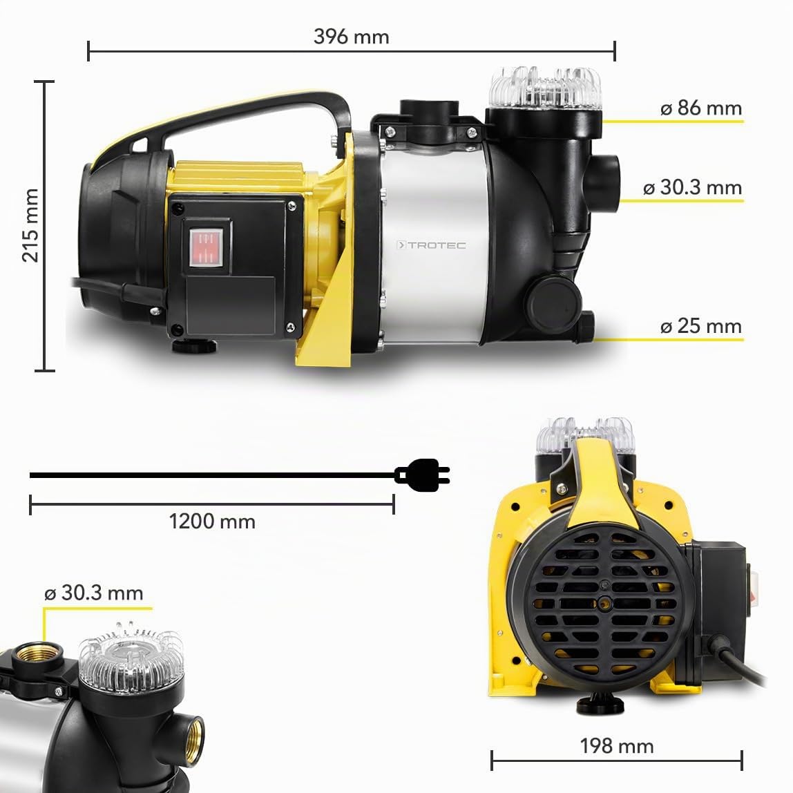 TROTEC Bomba de jardín TGP 1005 ESF – Bomba con potencia 3500 l/h, 1000 W – Presión de extracción 4,2 bar, altura de extracción 42 m, altura de aspiración 7 m, bomba de agua para barriles de lluvia,