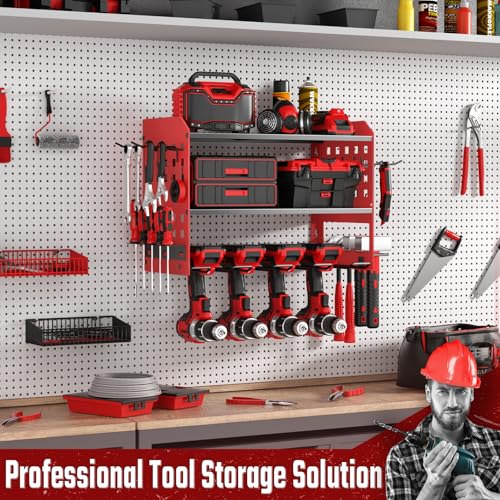Image of SUNALLY Power Tool Organizer, Heavy Duty Wall Mount Tool Organizer 3 Layers with 4 Drill Holders, Garage Tools Storage Rack with 2 Side Pegboards and Hooks for Workshop, Shed, Red