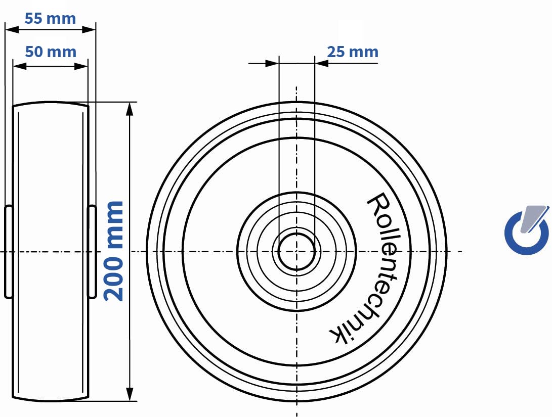 Rollentechnik Hubwagen Lenkrad Hubwagenrad 200x50 mm Polyurethan mit Kugellager Bohrung 25 Nabenlänge 55 Einbaulänge 40