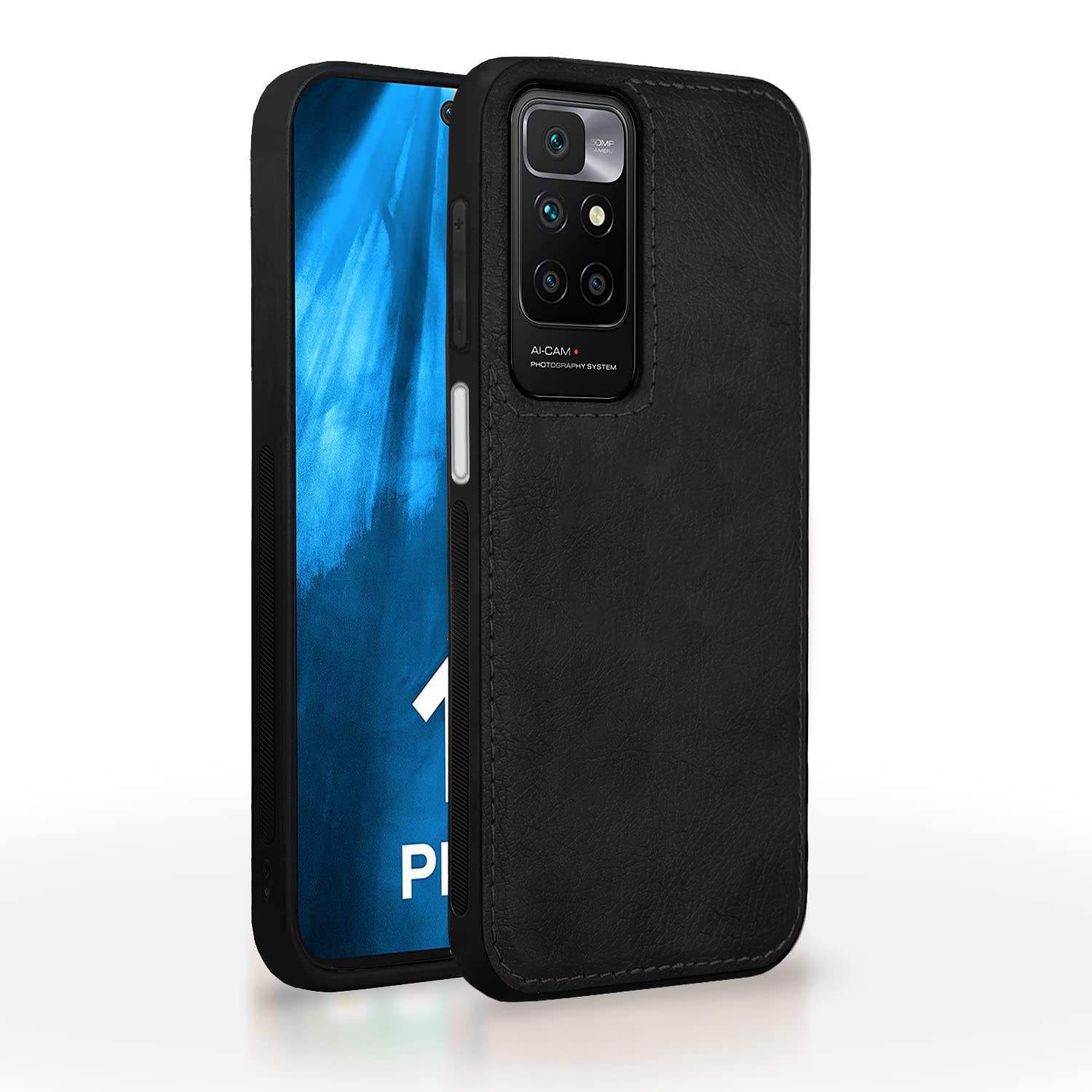 Pikkme Redmi 10 Prime Back Cover | Pu Leather | Soft Touch | Raised Edges | Bumper Case for Redmi 10 Prime (Black)