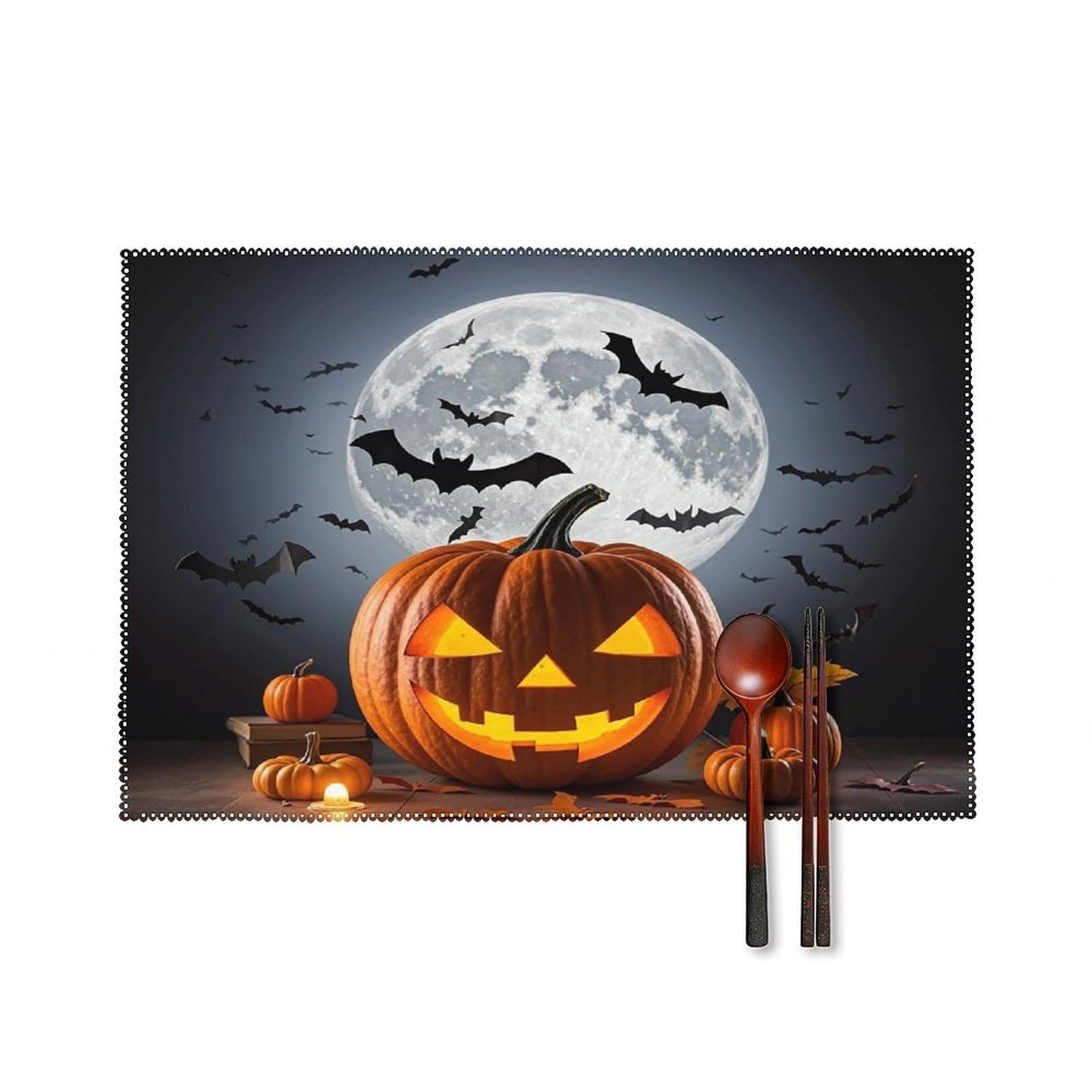 Halloween Moon Bat Pumpkin Placemats Set of 6 Heat Resistant Non-Slip Place Mats Washable Wipeable Table Mats Elegant Farmhouse Placemat for Kitchen Dining Outdoor Party Table Decor