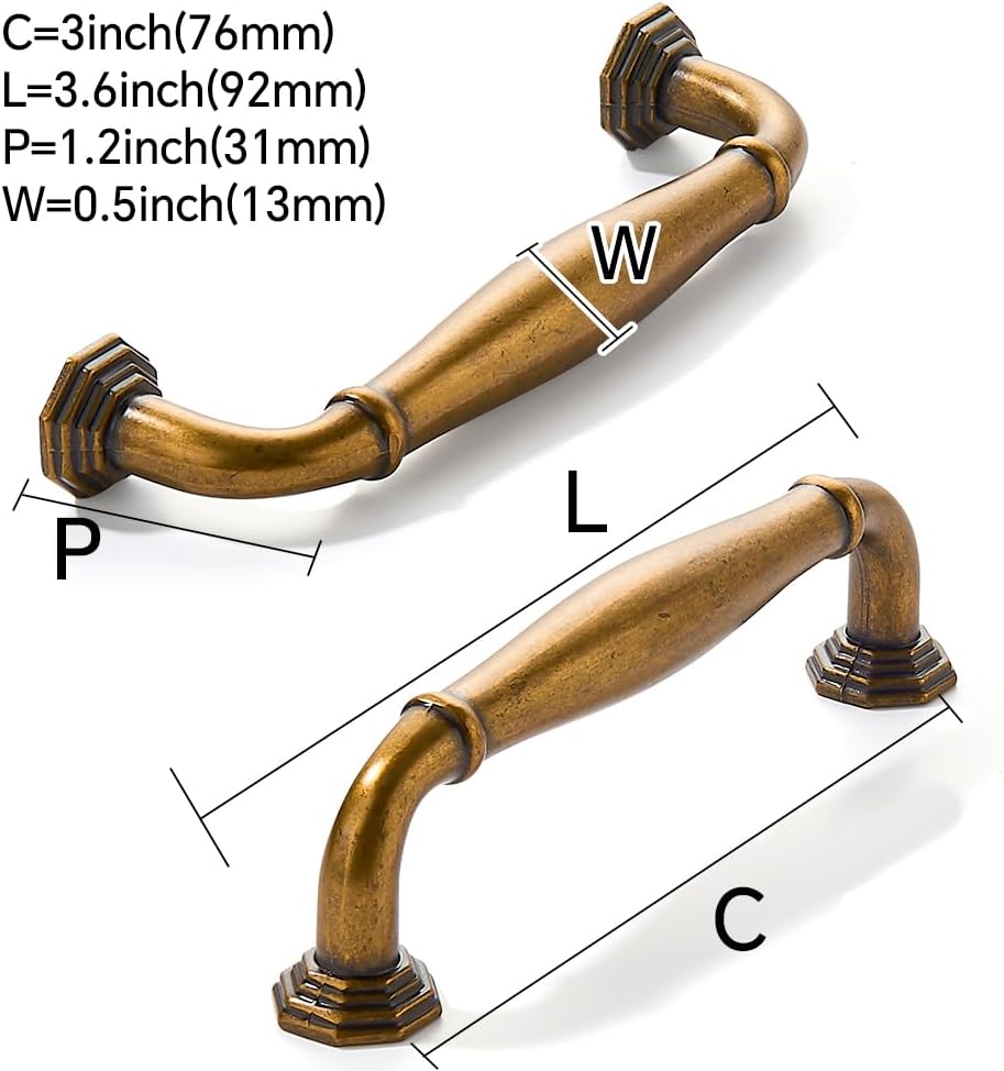 10 Pack 3 Inch Hole Center Antique Brass Heavy Duty Solid Cabinet pulls Ideal for Dressers, Bathroom, cabinets, and Kitchens cabinets.