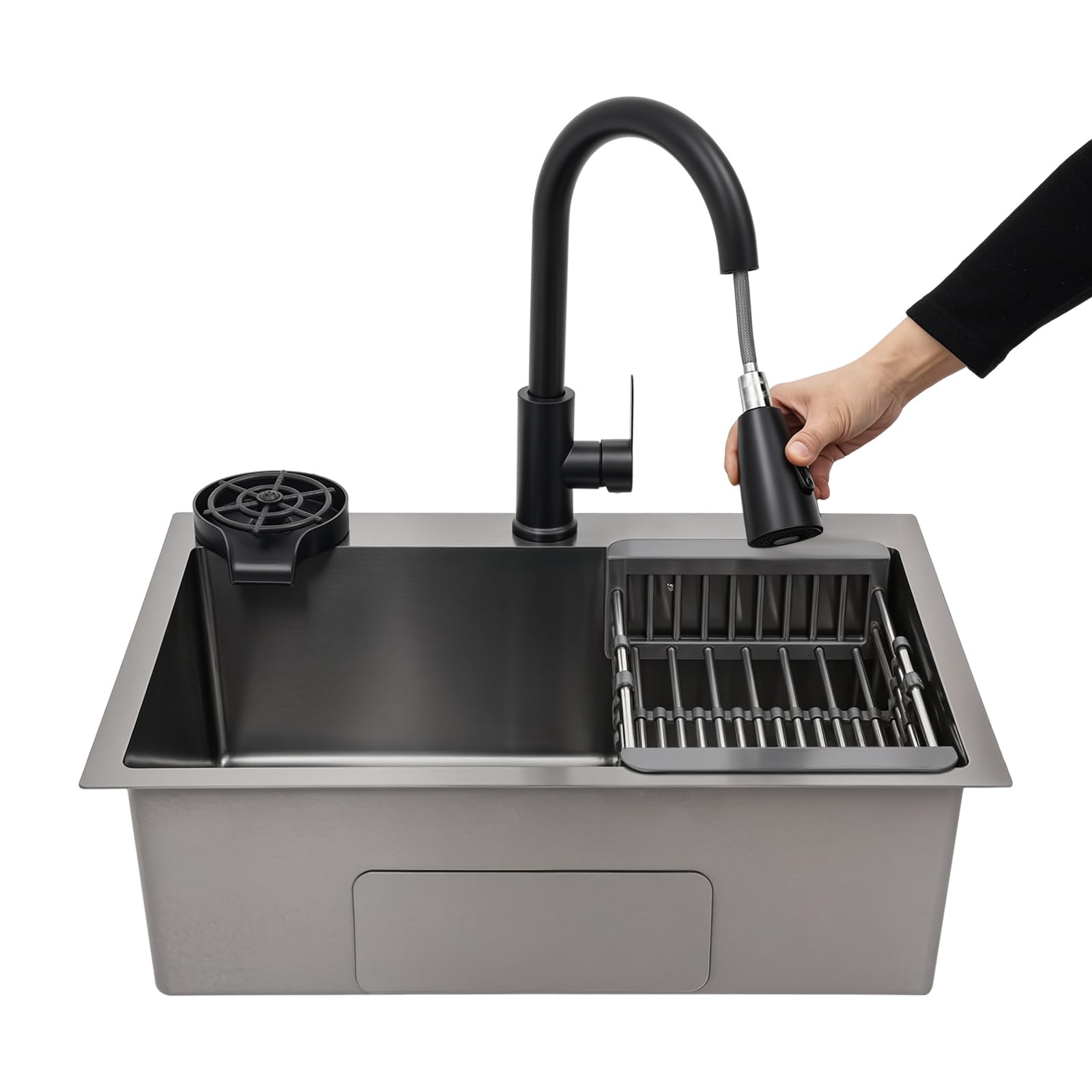 Fregadero de cocina negro 60 x 45 cm de acero inoxidable con grifo extraíble