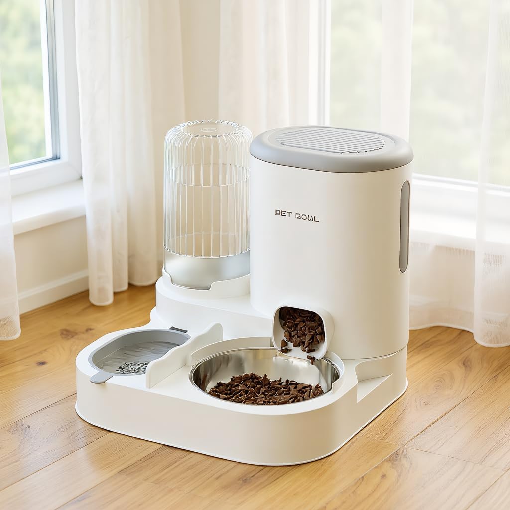 Automatic Cat Feeder & Water Dispenser – Dual Container for Dry/Wet Food, Two-in-One Upgraded Gravity Feeder and Water Dispenser Combo Set for Cats and Dogs. (Grey)