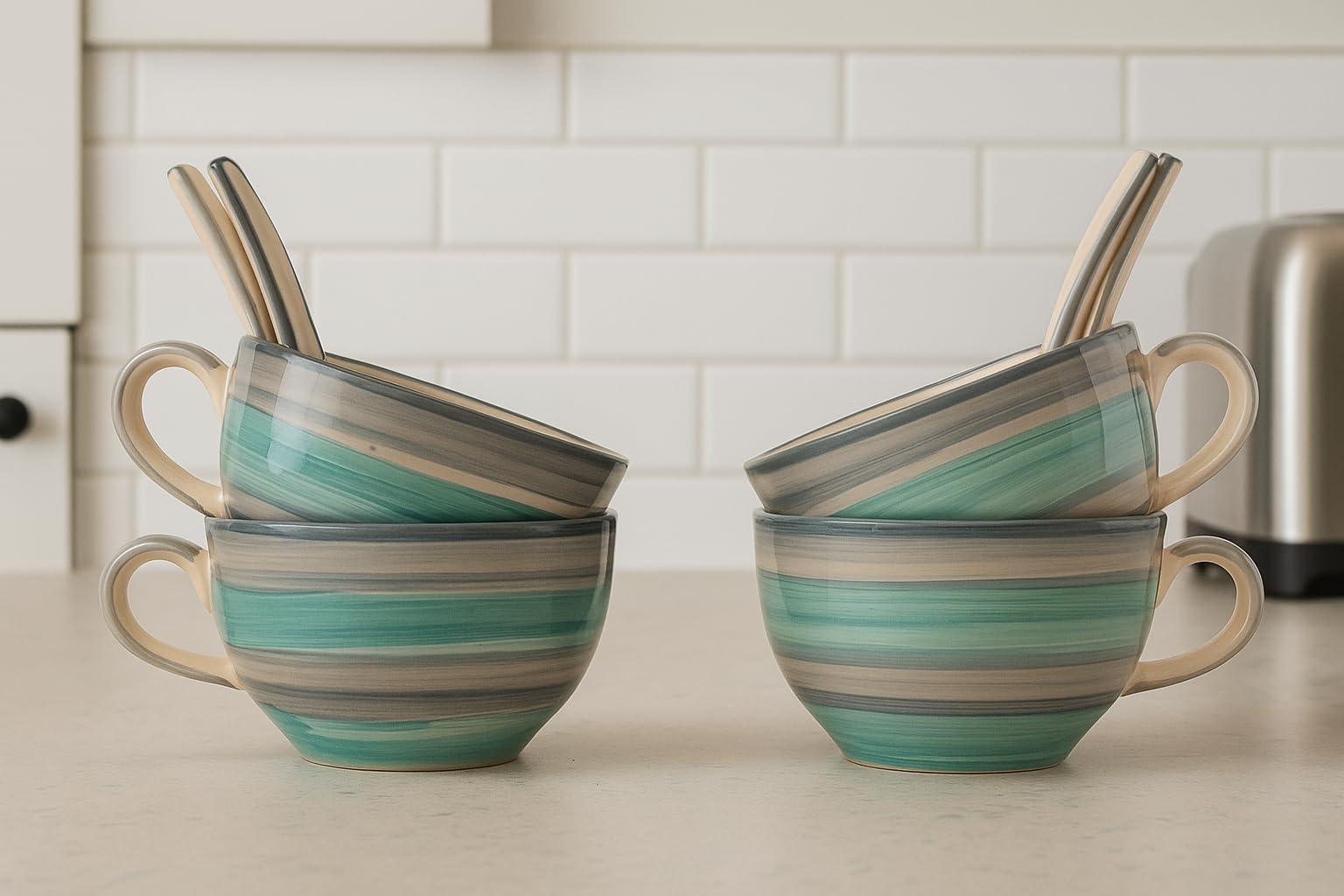 HS HINDUSTANI SAUDAGAR Aqua Drift Seagreen Ceramic Bowl Set Of 4(300Ml Each) Soup Bowl With Handle & Spoon Microwave Safe Bowls Katori Ideal For Snacks Rice Dal Desserts And Gifting