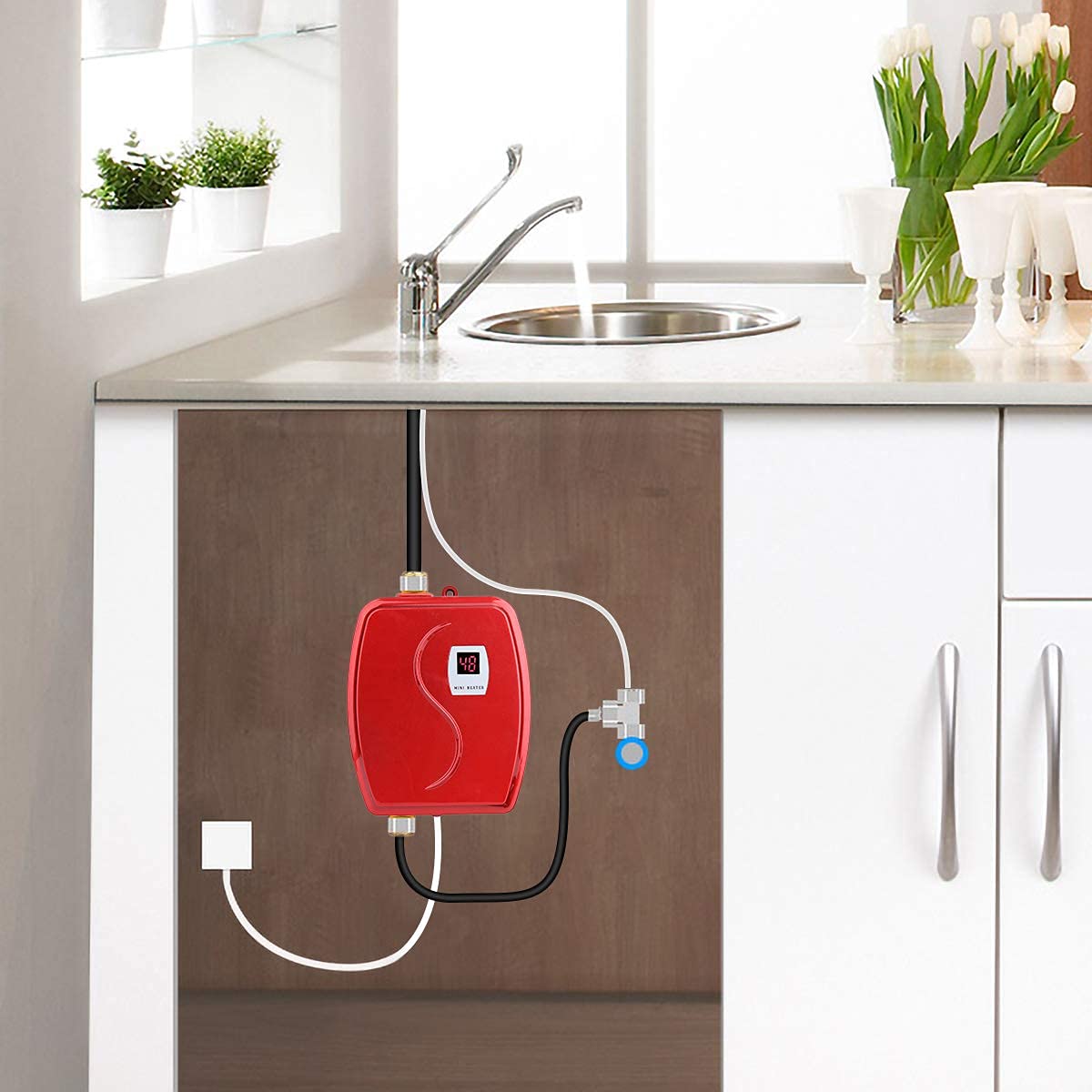 Haofy Calentador de Agua Instantáneo Eléctrico, 3800W 220V Mini Termo Eléctrico Sin Tanque, de Agua Caliente de la Ducha con LCD Pantalla para Lavado de Cocina/Baño, Debajo del Fregadero