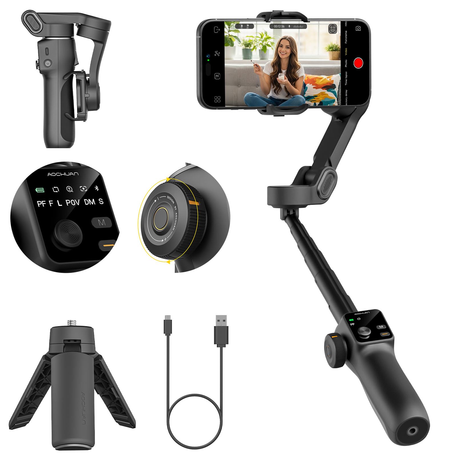 AOCHUAN Estabilizador de cardán de 3 ejes para iPhone, cardán de smartphone con barra de extensión de 7.8 pulgadas, pantalla OLED, estabilizador de teléfono con seguimiento facial, control de gestos