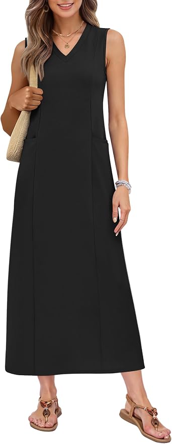 MISFAY Womens Sleeveless V Neck Maxi Dress with Pockets Vacation Outfit
