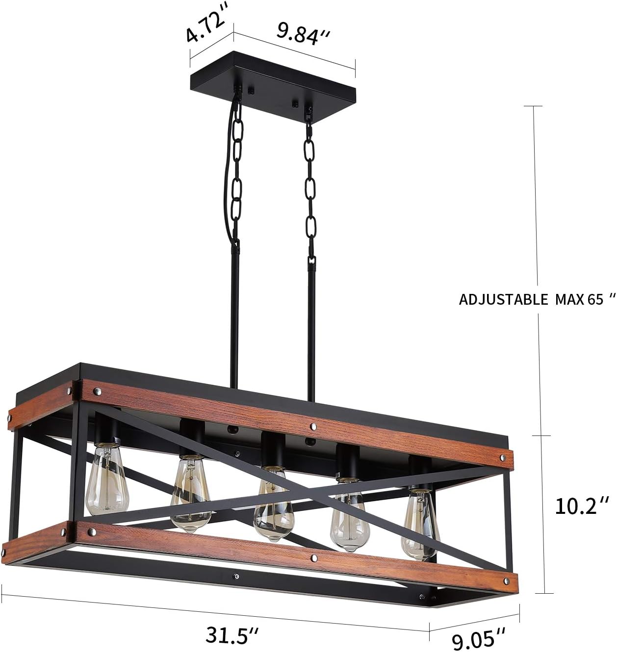 Rustic Farmhouse Kitchen Island Lighting, Wood and Metal Linear Chandelier, 5 Lights Industrial Pendant Light Fixture for Kitchen Island Dining Room Living Room Table, Black