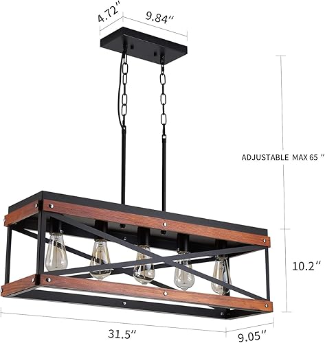 Miniatura 4 de Iluminación rústica de isla de cocina, lámpara lineal de madera y metal, 5 luces colgantes industriales para cocina, isla de comedor, mesa de sala