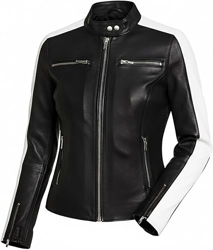 UGFashions Womens Racing Style Black Lambskin Leather Jacket - Cafe Racer Retro Biker White Stripes Vintage Motorcycle Jacket